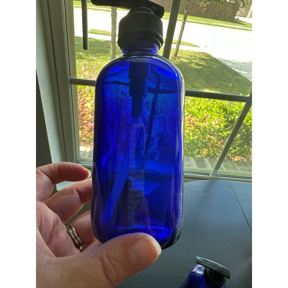 Set of 2 Cobalt Blue Glass Pump Bottles 8oz Lotion Soap Dispenser Reusable